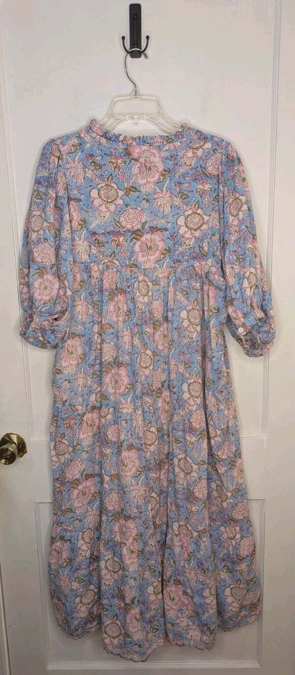Size 3XL (Measures XL) Karni Indian Blockprint 100% Cotton Maxi Dress Blue Pink - Picture 2 of 7